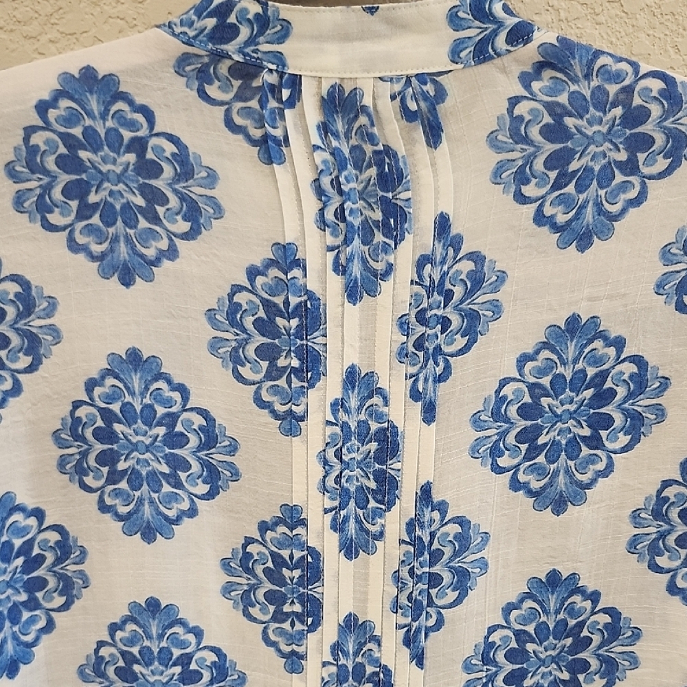 Nanette Lepore Pintuck Pleats Blue White Resortwear Patterned Tunic Blouse Small - Picture 8 of 9